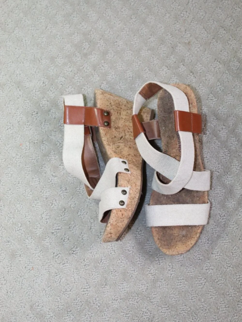 Lucky Brand Size 8 Cream Canvas Faux Leather Accents Cork Wedge Heel Sandals